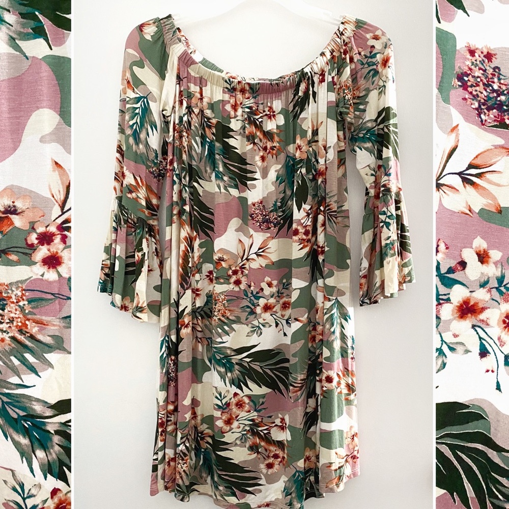Amelia James tropical camo + floral summer dress, pink olive